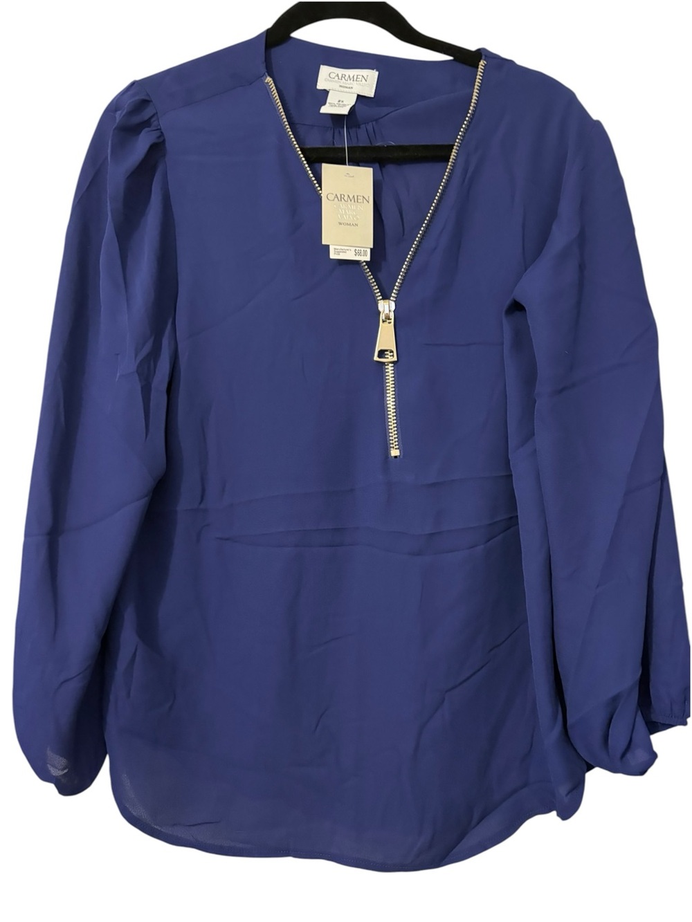 NWT Carmen Marc Valvo Navy Blue Front Zip Blouse ptp 22 , l 26” - Picture 2 of 5